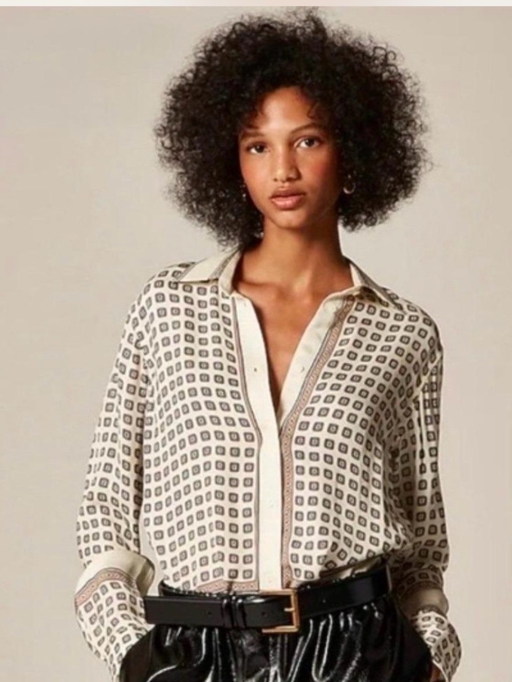 J. Crew Jules Classic Fit Cream Button-Front Blouse with Geometric Print